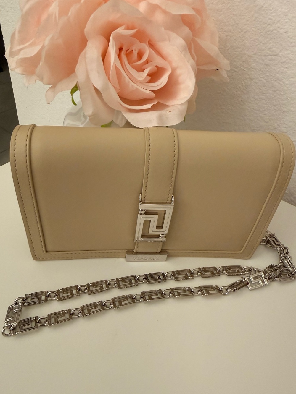 Versace Beige Leather Greca Goddess Mini Crossbody Bag / WOC Authentic
